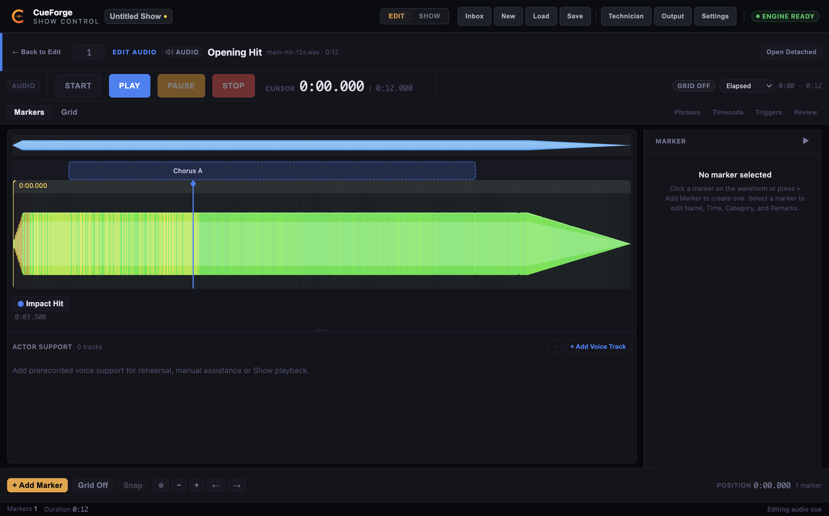Actor Support panel expanded below the waveform with the Add Voice Track entry