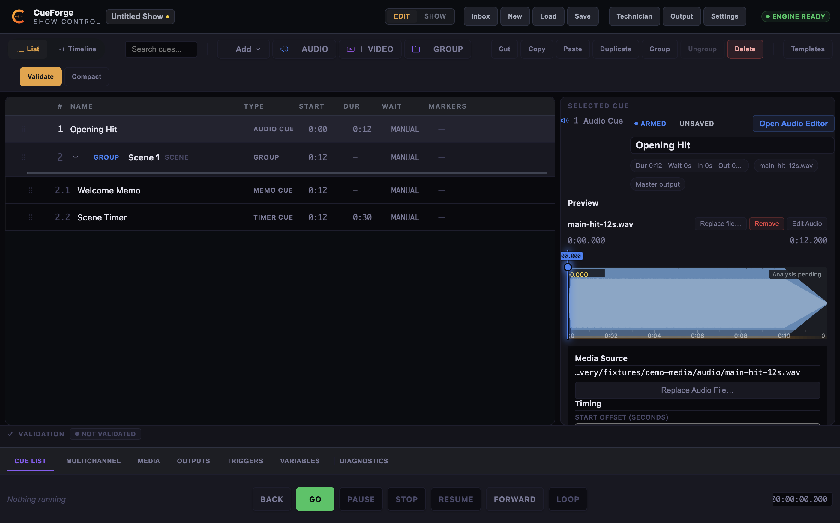 Audio cue inspector showing media source, preview waveform, timing, and output routing